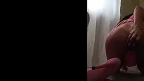 Petite 18+ brunette milf in fishnets and lingerie enjoys 2 big dildos in all holes