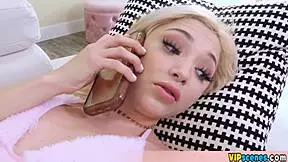 Cute blonde petite 18+ girlfriend uses her teddy bear for quick comfort.