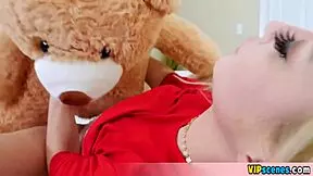 Cute blonde petite 18+ girlfriend uses her teddy bear for quick comfort.