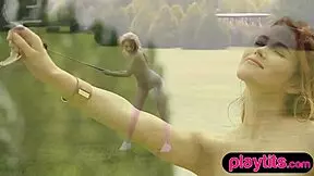 Redhead Latvian milf golfer strips to show petite body at course