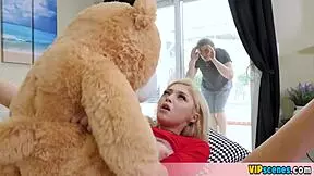 Cute blonde petite 18+ girlfriend uses her teddy bear for quick comfort.