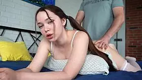 Stepsister gets morning blowjob on the bed.