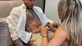 Brazen woman seduces young religious guy at her door