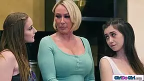 i can't believe my hot stepsisters are about to fuck our big boobs milf stepmom, licking and sucking her shaved pussy everywhere.