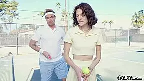 brunette tennis babe rides big cock for cumshot and orgasm