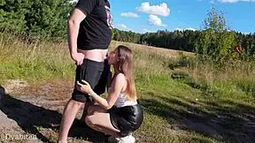 Mouth fucked outdoors swallowing load in rough homemade sex