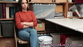 Spanish teen thief gets nailed over desk with creampie.