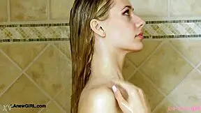 Elegant shy blonde took a shower