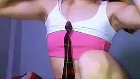 Bonneyuwu Petite Schoolgirl Masturbates with Huge Dildo in Ripped Skirt.