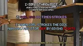 Two horny girls compete to make big cock cum with handjob game