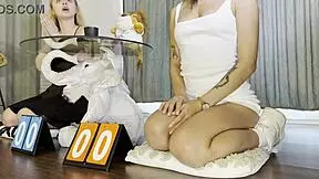 Two horny girls compete to make big cock cum with handjob game