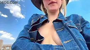 Cute girl with big tits walks in the forest, getting horny about stepdad