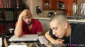 Teen dominated by two shlongs in rough interracial group.