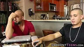 Teen dominated by two shlongs in rough interracial group.