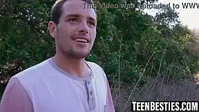 These three new teen 18+s make their friend show his dick then fuck them one by one while camping in the woods