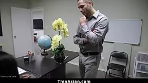 He shoves his big cock in her tight asian slit roughly.