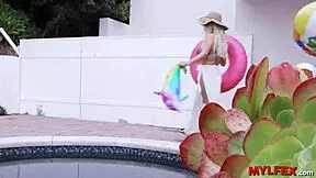 Stepson dives into stepmom and teen neighbor's pussies by the pool.