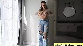 Sexy blonde Chloe Rose fingers bald pussy after shower