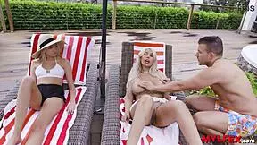 Stepson dives into stepmom and teen neighbor's pussies by the pool.