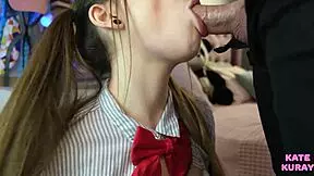 girl sucks cock closeup and takes cum in mouth