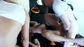 german stepmom and aunt team up to thrill a young guy after a football match.