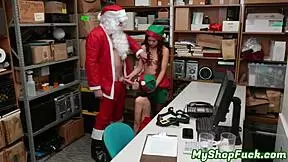 Shoplifter teen caught spying gets punished with blowjob and doggystyle fuck by security santa in garage.