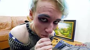 petite exotic coed raven touches herself and receives cum while sucking cock