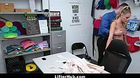 Mall officer escorts shoplifter emma hix to back room for thorough strip search and punishment