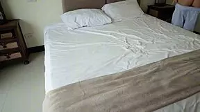 The stepsister mistakenly rents a hotel room with one bed, leading to rough missionary and doggystyle creampie with her blue-eyed lover