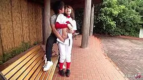 Flexible Japanese teen seduced to risky public creampie fuck by classmate