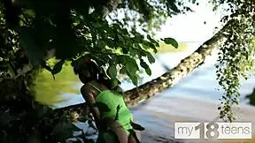 my18teen adorable skinny girl fingering her tight pussy outdoor