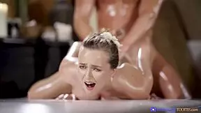 in the massage room, this oiled teen slides her big natural tits all over the client. she gives a blowjob and rides him to orgasm.