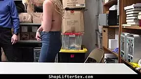 Blonde shoplifter gets intensely strip searched in back office, leading to hardcore blowjob and muff diving