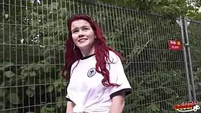 German Scout picks up redhead Mia May for public anal, damn its wild out here!