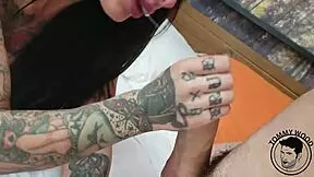 hot tattooed stepmom jessie lee gives sloppy blowjob in reality scene