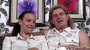 German teen wife with big saggy tits surprises her old husband by arranging a first-time MMF threesome experience