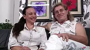 German teen wife with big saggy tits surprises her old husband by arranging a first-time MMF threesome experience