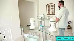 Ebony masseuse rubs clit in shower