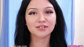 teen brunette gives an amazing interview on the sofa