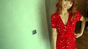Redhead neighbor gives sloppy blowjob, then pov fucks tight pussy.