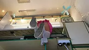 super sexy slim 18+ brunette chick works in pear thongs and braless, showing off her young pussy.