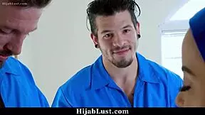 Perverted Repairmen Blackmail Shy Hijab Teen into Sucking and Riding Their Huge Cocks in Doggystyle