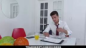 Teen pornstar Anna Mae receives creampie from blonde partner.