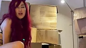 me- red haired teen 18+ beauty girl dances sexy striptease and prepares sex machine with dildo in mouth