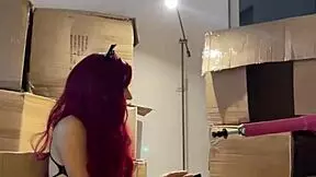 me- red haired teen 18+ beauty girl dances sexy striptease and prepares sex machine with dildo in mouth