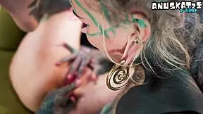 inexperienced tattooed hippie babe getting first anal lesson from kinky alt pornstar, licking and using toys