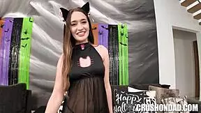 My stepdaddy in costumes watches me with small tits and petite body