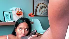 Can this big booty model really handle giving a Halloween blowjob gift to her cameraman