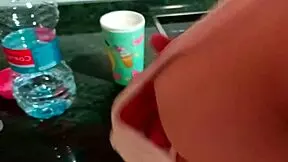 Petite teen with lucky fat guy in kitchen