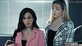 big tits milf borrows teen secretary for lesbian sex